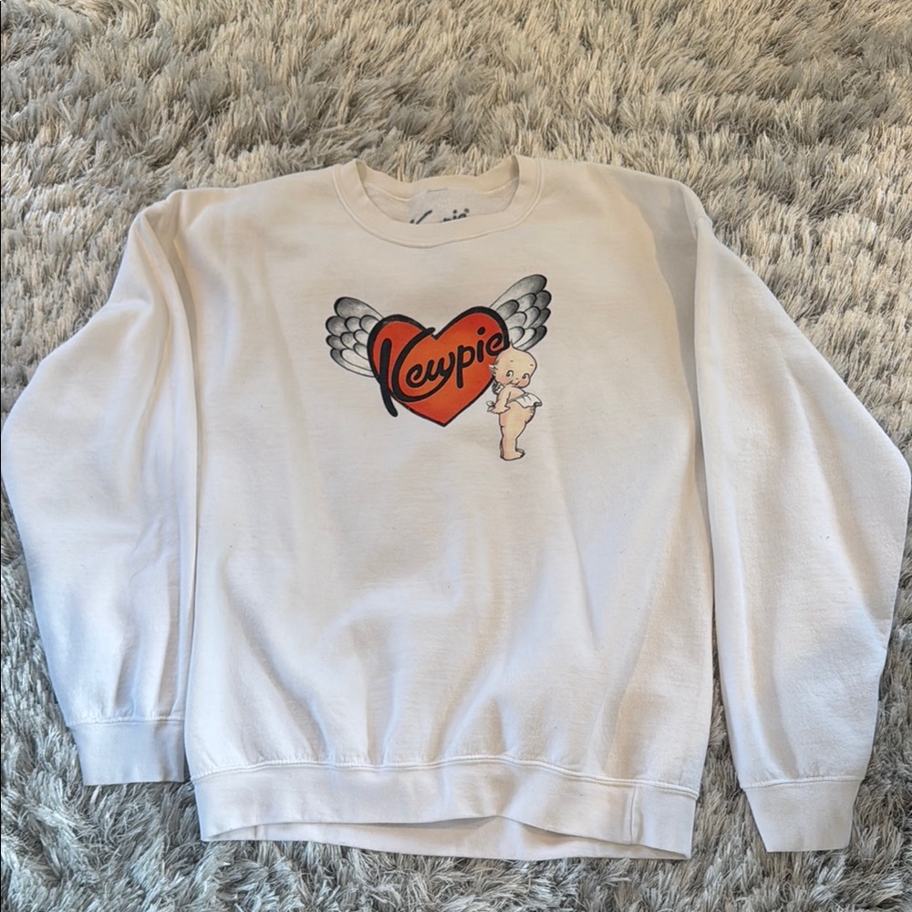 White Sweatshirt with Heart and Wings Design